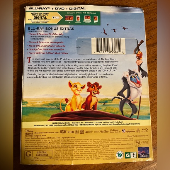 🆕 Disney The Lion King 2 Simba’s Pride Movie Blu-Ray + DVD + Digital - Picture 2 of 2
